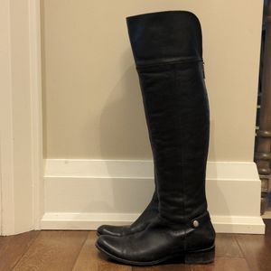 Dune London knee high leather boots with zipper backing, size 8